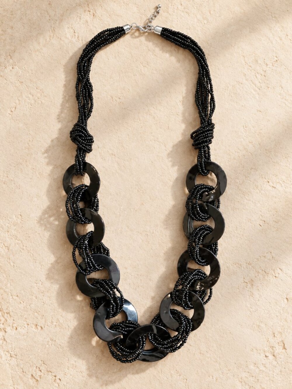 Vintage Black Beaded Ring Link Statement Necklace Long Layered Boho 30"